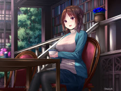 Rule 34 | 1girl, :d, black pantyhose, blue jacket, blue skirt, blush, book, bookshelf, breasts, brown hair, chair, copyright request, cup, feet out of frame, holding, holding cup, impossible clothes, impossible sweater, indoors, jacket, large breasts, library, long hair, long sleeves, looking at viewer, oekakizuki, on chair, open clothes, open jacket, open mouth, pantyhose, plant, potted plant, purple eyes, short twintails, sitting, skirt, smile, solo, stairs, sweater, table, teacup, tree, turtleneck, turtleneck sweater, twintails, two-handed, white sweater