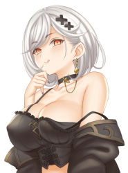 Rule 34 | 1girl, :q, alter ego malevolent (granblue fantasy), bare shoulders, black camisole, black jacket, black nails, breasts, camisole, choker, cleavage, djeeta (granblue fantasy), earrings, fingernails, granblue fantasy, hair ornament, jacket, jewelry, lang (chikage36), large breasts, long fingernails, looking at viewer, nail polish, off shoulder, short hair, simple background, smile, solo, strap slip, tongue, tongue out, white background, white hair, x hair ornament, yellow eyes