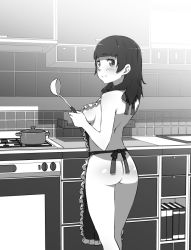 Rule 34 | 1girl, apron, ass, bare legs, blush, breasts, female focus, from behind, looking at viewer, monochrome, naked apron, original, sideboob, solo, standing, taekgyeon v