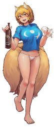 Rule 34 | 1girl, :d, adapted costume, animal ear fluff, animal ears, bare arms, bare legs, barefoot, blonde hair, blue shirt, blush, bottle, breasts, chanta (ayatakaoisii), cup, drinking glass, fang, fox ears, fox tail, full body, groin, hands up, highres, holding, holding bottle, holding cup, holding drinking glass, large breasts, looking at viewer, multiple tails, no pants, nose blush, open mouth, orange eyes, panties, pinky out, shirt, short hair, short sleeves, simple background, slit pupils, smile, solo, tail, toes, touhou, underwear, walking, white background, white panties, yakumo ran