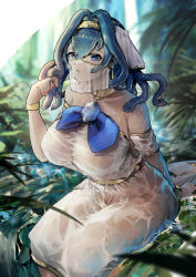 Rule 34 | 1girl, absurdres, blue eyes, blue hair, bow, breasts, brooch, dress, hair intakes, halloween costume, headband, highres, hololive, hololive english, huge breasts, jewelry, large breasts, looking at viewer, mouth veil, ouro kronii, parted lips, see-through, short hair, snake hair, solo, thick thighs, thighs, veil, virtual youtuber, vyragami, wet, wet clothes, wet dress, white dress