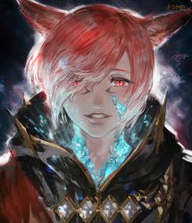 Rule 34 | 1boy, animal ears, black background, cat ears, crystal, crystal exarch, facial mark, final fantasy, final fantasy xiv, frischenq, g&#039;raha tia, g'raha tia, gradient hair, hair over one eye, hood, hood down, looking at viewer, male focus, material growth, miqo&#039;te, multicolored hair, parted lips, portrait, red eyes, red hair, short hair, signature, slit pupils, smile, solo, spoilers, swept bangs