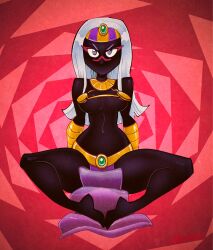 Rule 34 | 1girl, albo, black skin, breasts, colored skin, commentary, duck dodgers, egyptian clothes, english commentary, full body, highres, large breasts, long hair, narrow waist, navel, pelvic curtain, purple eyes, queen tyr&#039;ahnee, signature, solo, thick thighs, thighs, usekh collar, v-shaped eyebrows, white hair