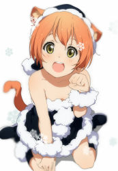 Rule 34 | 10s, 1girl, :d, animal ears, bare shoulders, black santa costume, blonde hair, boots, cat ears, cat tail, christmas, collarbone, dress, fur trim, hat, highres, hoshizora rin, kemonomimi mode, looking at viewer, love live!, love live! school idol project, ogipote, open mouth, paw pose, santa costume, santa hat, sitting, smile, snowflakes, solo, strapless, strapless dress, tail, wariza, wrist cuffs, yellow eyes