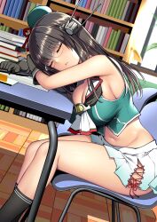 1girl absurdres black_gloves black_hair blue_hat book bookshelf breast_press breasts chair choukai_(kancolle) choukai_kai_ni_(kancolle) cleavage closed_eyes crop_top glasses gloves hat headgear highres indoors kantai_collection kuromayu large_breasts long_hair midriff miniskirt plant pleated_skirt short_shorts shorts sitting skirt sleeping sleeping_on_desk solo table window