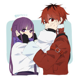 Rule 34 | 1boy, 1girl, coat, copyright name, esu (transc), fern (sousou no frieren), hands on another&#039;s cheeks, hands on another&#039;s face, highres, long hair, looking at viewer, looking to the side, matching hair/eyes, puffy cheeks, purple eyes, purple hair, red eyes, red hair, scarf, short hair, simple background, sousou no frieren, stark (sousou no frieren)