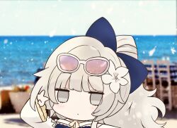 Rule 34 | 1girl, azur lane, blue bow, bow, chibi, chibi only, commentary request, eyewear on head, flower, futaba (anti clockwise), grey eyes, hair bow, hair flower, hair ornament, long hair, long sleeves, looking at viewer, official alternate costume, pink-tinted eyewear, solo, tinted eyewear, vittorio veneto (azur lane), vittorio veneto (the flower of la spezia) (azur lane), white flower