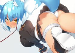 Rule 34 | 1girl, all fours, animal ears, asagi (bombergirl), ass, belt, blue hair, blush, bob cut, bombergirl, boots, breasts, fang, fox ears, fox girl, fox tail, large breasts, leash, military, military uniform, miniskirt, msp sammy, multicolored hair, open mouth, panties, short hair, skirt, slit pupils, solo, tail, thigh strap, thighs, two-tone hair, underwear, uniform, upskirt, white hair, white panties, yellow eyes