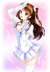 Rule 34 | 10s, 1girl, breasts, brown eyes, brown hair, cleavage, dress, gloves, holding, holding microphone, long hair, microphone, ogiso setsuna, open mouth, solo, thighhighs, white album (series), white album 2, white dress, white gloves, white thighhighs, yumeiro hanabi