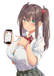 Rule 34 | 1girl, blue bra, blush, bow, bra, bracelet, breasts, button gap, cellphone, closed mouth, collared shirt, dress shirt, green eyes, hair between eyes, hair ornament, highres, holding, holding phone, jewelry, koukoku, large breasts, long hair, looking at viewer, nail polish, original, phone, pink nails, plaid, plaid skirt, pointing, school uniform, shirt, short sleeves, sidelocks, skirt, smartphone, smile, striped, striped bow, twintails, underwear, upper body, white shirt