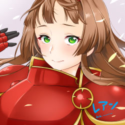 Rule 34 | 1girl, armor, artist name, blush, brown hair, character name, green eyes, looking at viewer, miniru, rean (sennen sensou aigis), sennen sensou aigis, solo