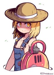 Rule 34 | 1girl, absurdres, bare shoulders, blonde hair, blush, breasts, brown hat, chainsaw, cleavage, closed mouth, collarbone, commentary request, cropped torso, fate/grand order, fate (series), foreshortening, gloves, grey gloves, hat, highres, looking at viewer, naked overalls, orange eyes, overalls, paul bunyan (fate), simple background, small breasts, smile, solo, twitter username, upper body, white background, yuya090602