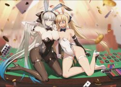 Rule 34 | 2girls, animal ears, arm strap, artoria caster (fate), artoria pendragon (fate), bare shoulders, black bow, black bowtie, black footwear, black gloves, black leotard, black pantyhose, blonde hair, blue eyes, blush, bow, bowtie, breasts, card, cluseller, coin, covered navel, detached collar, elbow gloves, fake animal ears, fate/grand order, fate (series), gloves, gold coin, green eyes, hair ribbon, hand in own hair, high heels, highleg, highleg leotard, large breasts, leotard, long hair, looking at another, looking at viewer, morgan le fay (fate), multiple girls, on table, open mouth, pantyhose, playboy bunny, playing card, rabbit ears, ribbon, roulette table, shoes, side-tie leotard, small breasts, strapless, strapless leotard, table, thigh strap, very long hair, white footwear, white leotard, wrist cuffs