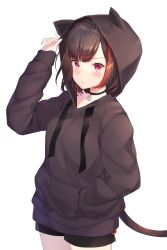 Rule 34 | 1girl, absurdres, animal ears, animal hood, bang dream!, black choker, black hair, black hoodie, black shorts, blush, cat hood, cat tail, choker, closed mouth, cowboy shot, drawstring, fake animal ears, frown, hand in pocket, hand up, highres, hood, hoodie, ion (on01e), light particles, lock, long sleeves, looking at viewer, mitake ran, multicolored hair, padlock, red eyes, red hair, short hair, short shorts, shorts, simple background, sleeves past wrists, solo, standing, streaked hair, tail, transparent background, v-shaped eyebrows, white background