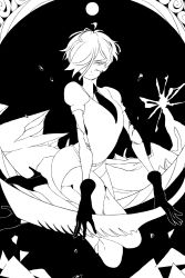 Rule 34 | androgynous, antarcticite, black gloves, cracked skin, dizzyspells, gender request, gloves, greyscale, hair over one eye, highres, houseki no kuni, looking at viewer, monochrome, necktie, other focus, short shorts, shorts, solo, thighs, uniform