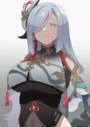 Rule 34 | 1girl, arm behind back, blue eyes, blue hair, bodysuit, breast curtain, breasts, bright pupils, closed mouth, clothing cutout, covered navel, earrings, genshin impact, gradient background, hair ornament, hair over one eye, highres, hip vent, jewelry, light blue hair, long hair, looking at viewer, multicolored eyes, mzh, shenhe (genshin impact), shoulder cutout, single earring, solo, white pupils