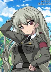 Rule 34 | 10s, 1girl, alternate hairstyle, anchovy (girls und panzer), anzio military uniform, arm behind head, belt, black belt, closed mouth, cloud, cloudy sky, commentary request, day, dress shirt, girls und panzer, green hair, grey jacket, hair down, hand on own hip, head tilt, highres, jacket, long hair, long sleeves, looking at viewer, military, military uniform, one-hour drawing challenge, outdoors, red eyes, sam browne belt, shiina excel, shirt, sketch, sky, smile, solo, standing, tree, uniform, upper body, v-shaped eyebrows, white shirt, wing collar