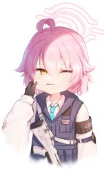 Rule 34 | 1girl, 1other, absurdres, ahoge, beretta 1301, black vest, blue archive, collared shirt, halo, highres, hoshino (blue archive), hoshino (young) (blue archive), long sleeves, looking at viewer, mang, one eye closed, open mouth, pink hair, pink halo, shirt, short hair, simple background, solo focus, upper body, vest, white background, yellow eyes