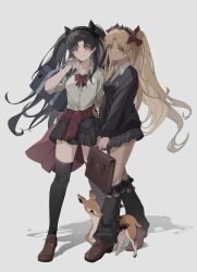Rule 34 | 2girls, alternate costume, bag, black hair, black skirt, black sweater, black thighhighs, blonde hair, bow, bowtie, brown footwear, closed mouth, clothes around waist, collared shirt, commentary request, dark-skinned female, dark skin, dullnoko, earrings, ereshkigal (fate), ereshkigal alter (fate), fate/grand order, fate (series), fawn, full body, grey background, grey shirt, gyaru, hairband, hand up, highres, holding, holding bag, ishtar (fate), jewelry, leg warmers, loafers, long hair, long sleeves, looking at viewer, multiple girls, parted bangs, plaid, plaid skirt, pleated skirt, red bow, red bowtie, red eyes, red hairband, red sweater, school bag, shirt, shoes, siblings, simple background, sisters, skirt, sweater, sweater around waist, thighhighs, twintails, very long hair