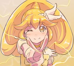 Rule 34 | 10s, 1girl, ammonio, blonde hair, blush, cure peace, dress, eyelashes, gradient background, hair flaps, happy, highres, kise yayoi, lightning, long hair, looking at viewer, magical girl, one eye closed, ponytail, precure, sketch, smile, smile precure!, solo, v, yellow background, yellow dress, yellow eyes, yellow theme
