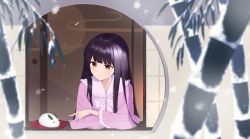 Rule 34 | 1girl, absurdres, bamboo, black hair, blouse, blunt bangs, blurry, blurry foreground, blush, commentary, depth of field, fusuma, head tilt, highres, houraisan kaguya, kanpa (campagne 9), light blush, long hair, long sleeves, looking at viewer, looking outside, open window, outdoors, pink shirt, pointing, red eyes, round window, shirt, sidelocks, sliding doors, smile, snow, snow rabbit, snowing, solo, touhou, very long hair, window