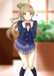 Rule 34 | &gt;:), 10s, 1girl, black socks, blazer, blurry, blurry background, bow, bowtie, brown hair, clenched hands, engawa (rarenago), green bow, hair bow, highres, jacket, kneehighs, knees together feet apart, legs together, long hair, long sleeves, love live!, love live! school idol project, minami kotori, one side up, plaid, plaid skirt, pleated skirt, red bow, red bowtie, school uniform, skirt, smile, socks, solo, sparkle, striped bow, striped bowtie, striped clothes, striped neckwear, v-shaped eyebrows, yellow eyes