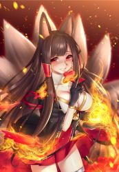 Rule 34 | 1girl, aircraft, airplane, akagi (azur lane), animal ears, azur lane, bad id, bad pixiv id, black gloves, blunt bangs, breasts, brown hair, cleavage cutout, clothing cutout, cowboy shot, crazy eyes, dated, fire, fox ears, fox tail, gloves, hand up, hattori masaki, japanese clothes, large breasts, lips, long hair, long sleeves, looking at viewer, multiple tails, pink lips, pleated skirt, red eyes, red skirt, signature, skirt, smirk, solo, standing, tail, thighhighs