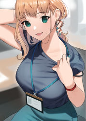 Rule 34 | 1girl, :d, blonde hair, blue nails, blue skirt, blurry, blurry background, bra visible through clothes, breasts, depth of field, doushimasho, earrings, fingernails, green eyes, highres, id card, jewelry, lanyard, large breasts, looking at viewer, mole, mole on arm, mole on cheek, nail polish, office lady, open mouth, original, short sleeves, skirt, smile, solo, tan, tanline, wristband