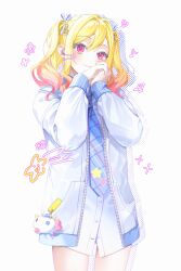 Rule 34 | 1girl, blonde hair, blue necktie, blue ribbon, blush, cellphone charm, charm (object), closed mouth, cowboy shot, gradient hair, hair between eyes, hair ribbon, halftone, hand on own cheek, hand on own face, hands up, highres, interlocked fingers, jacket, kimi to tsumugu precious memories (project sekai), long sleeves, looking at viewer, medium hair, minori (faddy), multicolored hair, musical note, necktie, official alternate costume, open clothes, open jacket, own hands together, phone, pink eyes, pink hair, project sekai, ribbon, shirt, sidelocks, simple background, smile, solo, standing, star (symbol), star print, stuffed unicorn, tenma saki, twintails, unzipped, white background, white jacket, white shirt