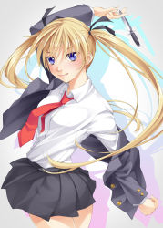 Rule 34 | 1girl, between fingers, blazer, blonde hair, blue eyes, blush, dagger, dress shirt, hair ribbon, highres, holding, jacket, kill me baby, knife, long hair, looking at viewer, looking back, mukunokino isshiki, necktie, pleated skirt, red necktie, ribbon, school uniform, shirt, skirt, smile, solo, sonya (kill me baby), throwing knife, twintails, weapon