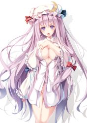 Rule 34 | &gt;:o, 1girl, :o, angry, blush, bottomless, bow, breasts, center opening, cleavage, crescent, dress, fal maro, female focus, hair bow, hat, highres, large breasts, long hair, long sleeves, looking at viewer, no panties, open mouth, patchouli knowledge, purple eyes, purple hair, solo, striped clothes, striped dress, touhou, v-shaped eyebrows, very long hair