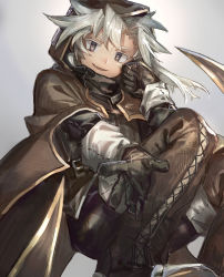 Rule 34 | 1girl, bad id, bad pixiv id, black eyes, black gloves, brown cloak, brown hood, brown pants, cloak, fangs, gloves, gradient background, grey background, grey hair, highres, hood, hood up, hooded cloak, looking at viewer, open hand, open mouth, original, outstretched arm, outstretched hand, pants, shichigatsu, simple background, smile, solo, squatting
