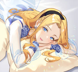 Rule 34 | 1girl, bed sheet, black headband, blonde hair, blue eyes, chibi vanille, commentary request, dress, earrings, floral print, forehead, gown, headband, jewelry, league of legends, long hair, looking at viewer, lux (league of legends), lying, on stomach, own hands together, pillow, rainbow gradient, see-through, see-through sleeves, solo, sparkle