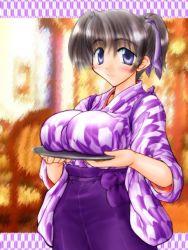 Rule 34 | 1girl, bashamichi, black hair, blue eyes, breast rest, breasts, breasts on tray, carried breast rest, carrying, cowboy shot, female focus, huge breasts, japanese clothes, solo, standing, tasuki, tray, waitress, yagasuri