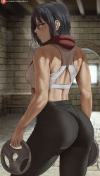 Rule 34 | 1girl, ass, back, bare arms, bare shoulders, black hair, black pants, breasts, brick floor, brick wall, closed mouth, contrapposto, from behind, grey eyes, highres, holding, leggings, looking at viewer, looking back, mikasa ackerman, pants, red scarf, scarf, shexyo, shingeki no kyojin, short hair, solo, sports bra, toned, weights, white sports bra, yoga pants