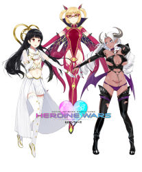 Rule 34 | 3girls, :d, bad id, bad pixiv id, black hair, boots, bracelet, breasts, bridal gauntlets, cleavage, copyright name, demon horns, demon wings, elbow gloves, english text, glasses, gloves, hand on own chest, heart, heart cutout, heroine wars, highres, horns, jewelry, large breasts, lipstick, long hair, low wings, makeup, medium breasts, midriff, mole, multiple girls, navel, open mouth, outstretched arm, outstretched arms, panties, pointy ears, purple panties, sasamori tomoe, skirt, small breasts, smile, tattoo, thigh boots, thighhighs, tiara, torn clothes, twintails, underboob, underwear, white gloves, white legwear, wings