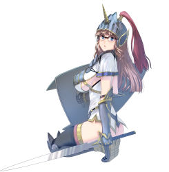 Rule 34 | 1girl, armor, ass, black-framed eyewear, black thighhighs, blue eyes, breasts, commentary request, fake horns, from side, full body, gauntlets, gorget, greaves, helmet, highres, holding, holding sword, holding weapon, horned helmet, horns, kneeling, knight, kouno (masao), large breasts, legs together, looking to the side, no bra, original, over-rim eyewear, semi-rimless eyewear, shield, sideboob, single horn, solo, sword, thighhighs, tunic, visor (armor), visor lift, weapon, white background, winged helmet