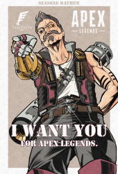 1boy, apex legends, black pants, brown hair, copyright name, facial hair, fuse (apex legends), grey eyes, highres, logo, male focus, mechanical arms, mustache, one eye covered, pants, parody, pointing, prosthesis, prosthetic arm, red vest, rocket launcher, science fiction, shiny, single mechanical arm, skull and crossbones, solo, soul patch, vest, weapon, weapon on back, yasutrella