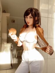 Rule 34 | 1girl, bra, bread, breasts, brown eyes, brown hair, cleavage, closed mouth, cosplay, fegalvao, female focus, food, highres, holding, holding food, indoors, jacket, large breasts, long hair, long sleeves, looking at viewer, matching hair/eyes, military jacket, open clothes, open jacket, pants, photo (medium), real life, red lips, sasha blouse, sasha blouse (cosplay), shingeki no kyojin, smile, solo, standing, survey corps (emblem), underwear, white bra, white pants