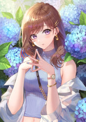 Rule 34 | 1girl, absurdres, bangle, bare shoulders, blue flower, blue shirt, bracelet, brown hair, commentary, crop top, earrings, english commentary, flower, hair ornament, hairclip, highres, hydrangea, jacket, jewelry, long hair, looking at viewer, midriff, nail polish, navel, off shoulder, okuma mai, open clothes, open jacket, original, own hands together, parted lips, purple eyes, ribbed shirt, shirt, sleeveless, sleeveless shirt, solo, steepled fingers, upper body, watch, white jacket, wristwatch