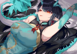 Rule 34 | 1girl, absurdres, aqua dress, aquarius cat, arknights, arm up, armpits, bare shoulders, black hair, breasts, china dress, chinese clothes, commentary request, dress, dusk (arknights), dusk (everything is a miracle) (arknights), highres, horns, large breasts, long hair, orange eyes, parted lips, sleeveless, sleeveless dress, smile, solo, tail, upper body, very long hair