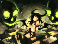 Rule 34 | 10s, 1girl, bad id, bad pixiv id, black hair, black rock shooter, grabbing another&#039;s breast, breasts, chain, dead master, grabbing, green eyes, horns, long hair, navel, nipples, grabbing own breast, sitting, skull, solo, torn clothes, wings, zhuxiao517