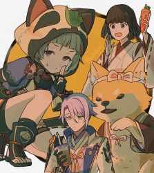 Rule 34 | 1boy, 2girls, animal ears, animal hood, arm up, armor, artist name, black eyes, black gloves, black shorts, blue hair, blunt bangs, bow, brown hair, bubble tea, carrot, closed mouth, cup, disposable cup, dog, drinking straw, fake animal ears, fingerless gloves, fishnets, food, genshin impact, gloves, gn4othi61, grey hair, hair between eyes, hand up, hime cut, holding, holding cup, holding food, hood, hood up, jacket, japanese armor, japanese clothes, kamisato ayato, kano nana, kimono, lapels, leaf, leaf on head, long sleeves, looking at viewer, miko, multiple girls, on one knee, open clothes, open jacket, open mouth, parted bangs, parted lips, purple eyes, raccoon ears, ribbon-trimmed sleeves, ribbon trim, rope, sayu (genshin impact), shiba inu, short hair, short shorts, shorts, shoulder armor, shuriken, sidelocks, simple background, sode, sweatdrop, swept bangs, taroumaru (genshin impact), tassel, toes, twitter username, v-shaped eyebrows, weapon, white background, white bow, white jacket, white kimono, wide sleeves, yellow background