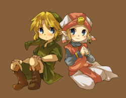 Rule 34 | 1boy, 1girl, blonde hair, blue eyes, child, dress, full body, green headwear, hat, link, looking at viewer, nintendo, photoshop (medium), pointy ears, princess zelda, short hair, sitting, smile, the legend of zelda, the legend of zelda: ocarina of time, tokuura, young link, young zelda