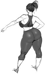 Rule 34 | 1girl, ass, bare shoulders, breasts, commentary, greyscale, hand on own hip, highres, huge ass, large breasts, monochrome, original, outstretched arm, ponytail, short hair, simple background, sketch, solo, synecdoche, thick thighs, thighs, white background