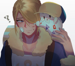 Rule 34 | 1boy, ?, absurdres, bandaid, bandaid on face, blonde hair, blue jumpsuit, closed mouth, clothed pokemon, collarbone, commentary, creatures (company), eyelashes, game freak, gen 2 pokemon, hair over one eye, hand up, highres, jumpsuit, male focus, nintendo, pokemon, pokemon (creature), pokemon legends: arceus, purple eyes, sad, scrape, short hair, sizuru (garasuame0206), smile, sweatdrop, symbol-only commentary, tearing up, togepi, upper body, volo (pokemon), white background