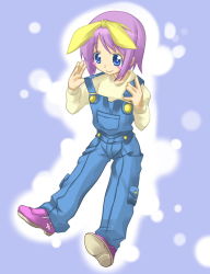 Rule 34 | 00s, 1girl, blue eyes, blush, buttons, denim, full body, hiiragi tsukasa, loafers, lucky star, non-web source, overalls, pink hair, shirt, shoes, short hair, short sleeves, solo, standing, t-shirt