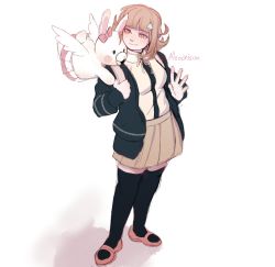 Rule 34 | 1girl, black jacket, black shirt, black thighhighs, bow, breasts, brown hair, commentary, danganronpa (series), danganronpa 2: goodbye despair, flipped hair, full body, gabby (moochisun), hair ornament, hairclip, highres, jacket, looking at another, medium breasts, nanami chiaki, neck ribbon, open clothes, open jacket, pink bow, pink footwear, pleated skirt, plump, ribbon, shirt, shirt tucked in, shoes, simple background, sketch, skirt, smile, standing, thighhighs, usami (danganronpa), white background, white shirt, wings