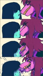 Rule 34 | 1girl, 1other, 4koma, assertive female, bestiality, comic, deltarune, drooling, french kiss, highres, kiss, kris (deltarune), long tongue, nervous, sharp teeth, susie (deltarune), sweat, tagme, teeth, tongue, trembling, yellow eyes