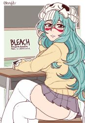 Rule 34 | 1girl, ass, bleach, blush, border, breasts, brown eyes, chair, classroom, clothes lift, desk, facial mark, feet out of frame, green hair, grey skirt, hair ornament, large breasts, lips, long hair, long sleeves, looking at viewer, miniskirt, nelliel tu odelschwanck, panties, pantyshot, parted lips, pleated skirt, pongldr, pov, scar, scar on face, school chair, school desk, school uniform, self-upload, simple background, sitting, skirt, skirt lift, skull hair ornament, smile, socks, solo focus, sweater, teeth, thighhighs, thighs, underwear, upskirt, white border, white panties, white thighhighs